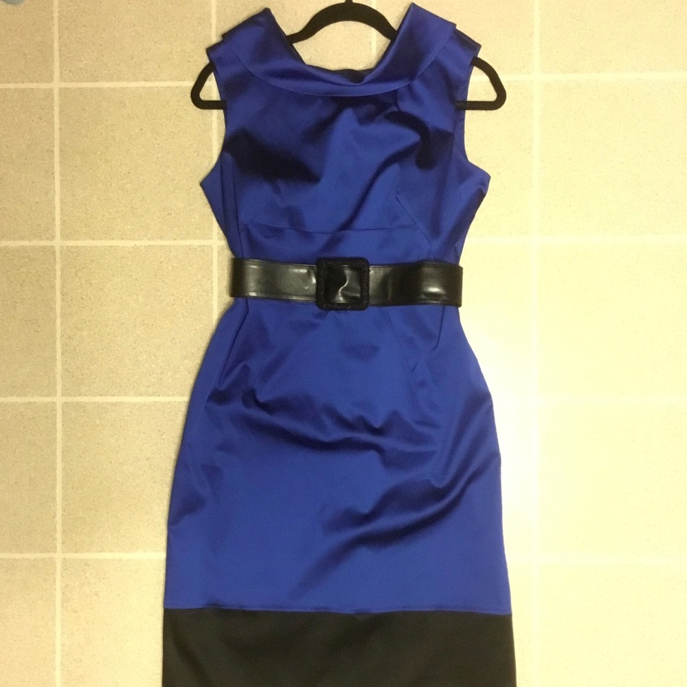 10 Adrianna Papell Dress Blue Black Midi Sheath